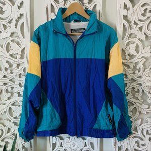 Vintage 80s 90s Windbreaker Kids Unisex Large Blue Teal Color Block Neon Jacket